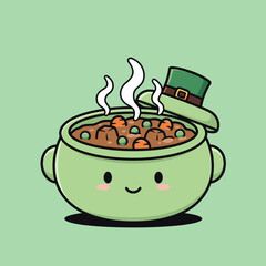 Cute Cartoon Pot of Irish Stew with Leprechaun Hat.