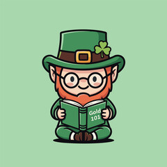 Cartoon Leprechaun Reading a Book on Gold.
