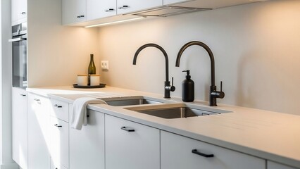 Modern Kitchen Sink with Black Faucets and White Cabinets.
