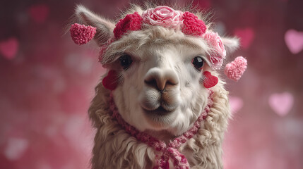 Llama Wearing Valentine Accessories for Cute Holiday Animal Portrait