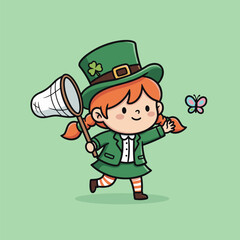 Cartoon Leprechaun Girl Chasing Butterfly with Net on St. Patricks Day.