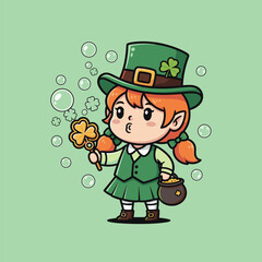 Charming Cartoon Leprechaun Girl Celebrating St. Patricks Day with Bubbles.