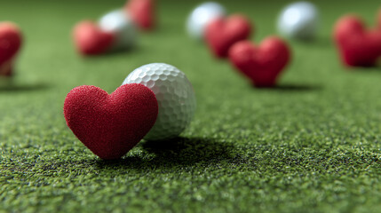 Golf Valentine Theme with Hearts on Green and Romantic Sports Concept