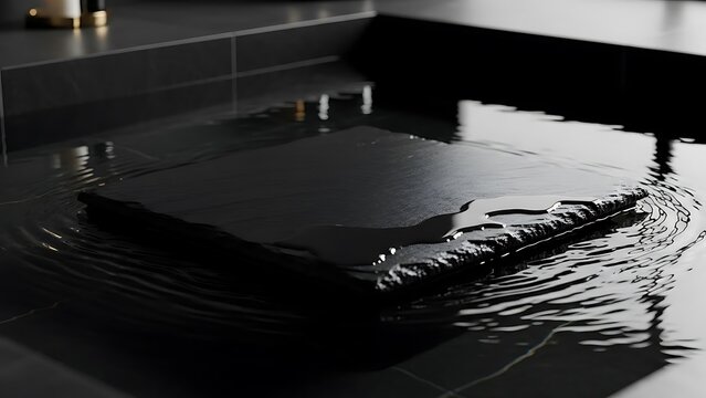 A dark, square object with a textured surface is submerged in dark, rippling water, creating a serene and minimalist aesthetic