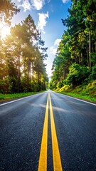 Fototapeta premium Asphalt road framed by lush green trees reaching toward a blue sky