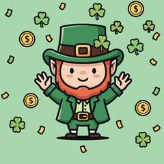 Cartoon Leprechaun Celebrating St. Patricks Day with Joyful Expression.