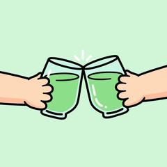 Two hands toasting green drinks in a celebratory gesture.