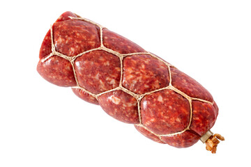 A piece of sausage tied with a rope on a white background. Close-up of smoked meat sausage