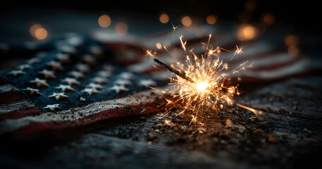 Sparklers and american Flag. Independence day USA . Celebration 4th of July - Patriotic Holiday.