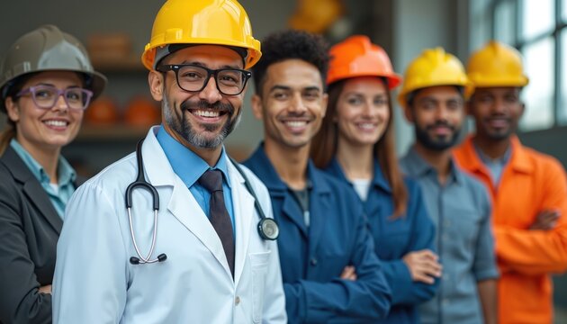 Group of people with different professions, including a doctor and construction workers, smiling together. They represent diversity and teamwork in the workplace. This image shows varied skills.