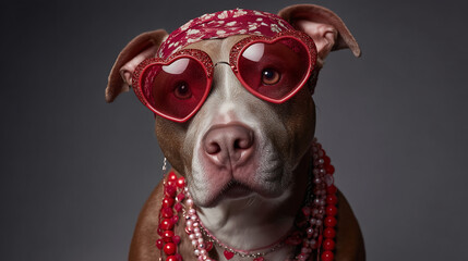 Pit Bull Dog Wearing Valentine Accessories in Studio Portrait