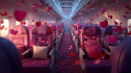Airline Valentine&rsquo;s Day Concept Showing Romantic Mood Inside Airplane Cabin