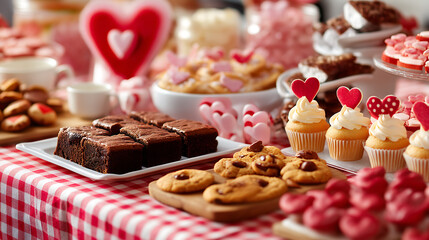 Valentine Bake Sale Table Filled with Homemade Treats and Heart Decor