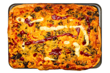 Rectangular homemade pizza on a white background. Homemade Pizza Isolated