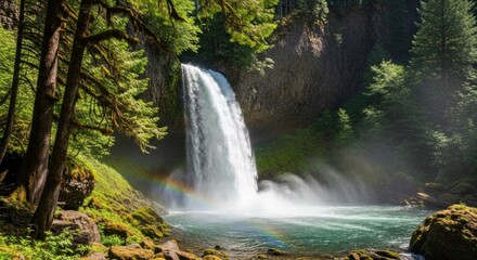 A majestic waterfall cascades down a lush green cliff into a tranquil pool, surrounded by dense forest and a rainbow arching over the water.