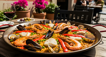 Traditional Spanish Seafood Paella with Shrimp Mussels and Saffron Rice.