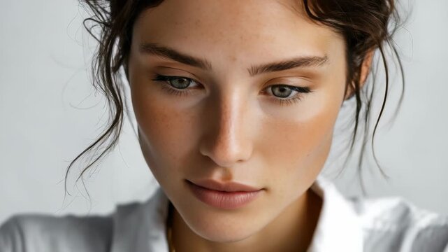 A beautiful young woman with glowing skin and subtle makeup gazes downward in a calm, introspective moment. This image reflects contemporary beauty standards and genuine human emotion