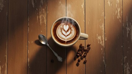 Top-down view of a steaming cup of coffee with heart latte art, a spoon, and scattered coffee beans on a rustic wooden table illuminated by sunlight.