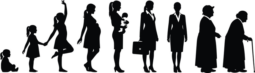 Woman's Life Cycle Silhouettes from Baby Girl to Old Age, Depicting Growth, Motherhood, Career, and Aging Process as Stages of Feminine Development, Vector Illustration