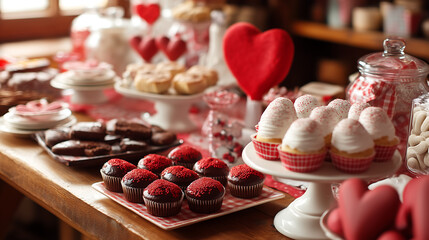 Valentine Bake Sale Table Filled with Homemade Treats and Heart Decor