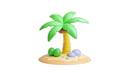 Obraz premium Cartoon Palm Tree on Island with Rocks and Green Fruit
