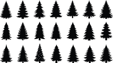 Fototapeta premium 🌲 Collection of Christmas Tree Silhouettes, Conifer Forest Vector Set, Evergreen Pine and Spruce Shapes, Holiday Decoration and Nature Graphic Icons