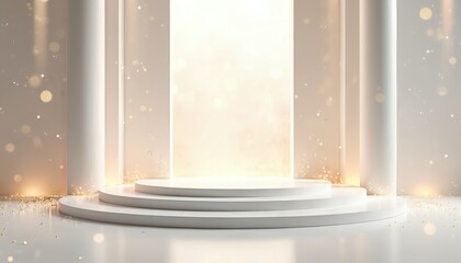 Elegant white stage with tiered podium and soft glow background. Light beams illuminate the scene with falling confetti. Clean, minimalist design for awards or product launch event.