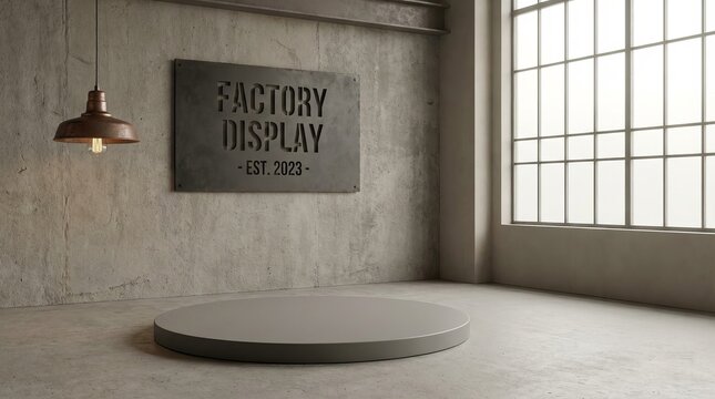 Podium with Factory Metal Sign and Copper Lamp