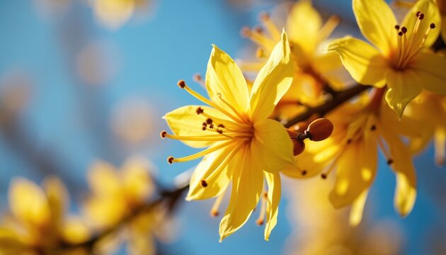 Bright yellow witch hazel flowers bloom on branch against clear blue sky. Delicate ribbon-shaped petals and small seed pods. Fall flowering shrub details. Nature beauty closeup. Vibrant plant macro.