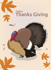 A warm and festive Thanksgiving greeting card illustration featuring a stylized turkey at the center, rendered in soft, painterly colors. 