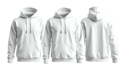 Three white hooded sweatshirts in different views on a black background