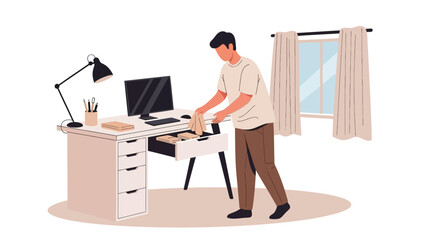 Illustration of a Man Organizing his Desk Drawer in a Well-Lit Modern Office Room