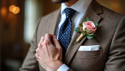 Groom adjusts brown tweed jacket, pink rose boutonniere, polka dot tie, white shirt, pocket square. Man prepares for wedding day celebration of love and commitment.