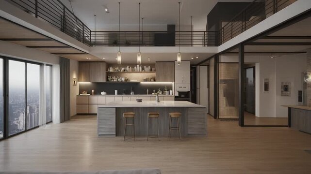 Interior house modern open living space with kitchen.Loft style Duplex apartment residence.Home decoration luxury interior design.
