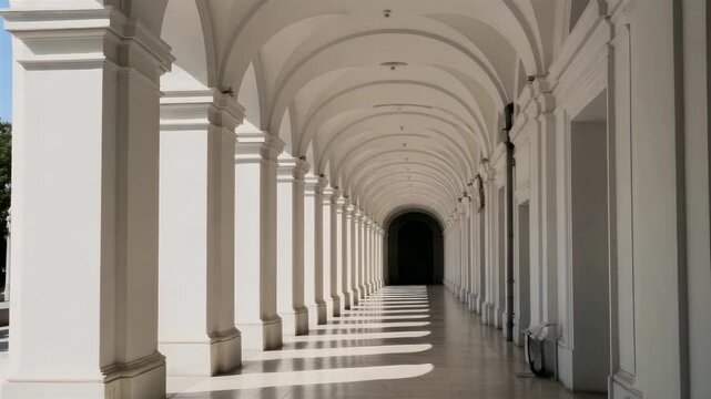 White Archway Corridor With Sunlight Shadows And Architectural Columns Indoors