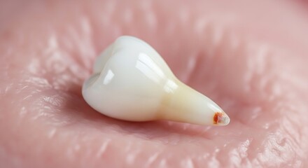 Fototapeta premium A single extracted human tooth with its root on a pink background.