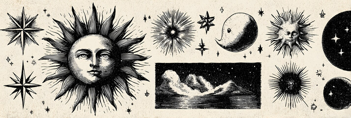 Sketch, hand drawn sun, stars set collection