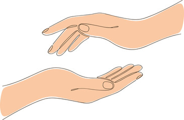 Open human hands gesture illustration, giving receiving help concept, care support symbol, minimal line art on white background