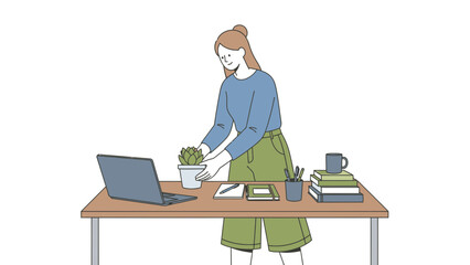 A woman tending to a plant at her desk while working on a laptop computer