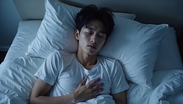 Young Asian man sleeps restlessly in bed at night. He appears troubled, potentially experiencing a nightmare or sleep disorder. The dim lighting creates a somber mood.