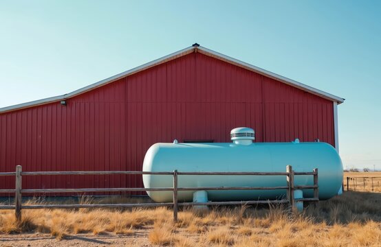 Light blue propane tank rests near a vibrant red barn structure. Dry grass and wooden fence in foreground. Rural landscape under clear blue sky. Industrial gas storage.