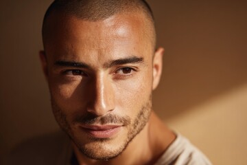 Obraz premium Middle Eastern Man with Healthy Radiant Skin on Warm Gold Background 