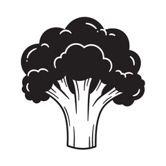 Stylized black and white illustration of a fresh broccoli floret and stalk, representing healthy eating, organic produce, vegetarian diet, and raw food ingredients