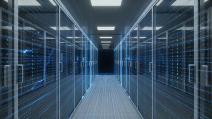 Data center server room with rows of computer racks. - Powered by Adobe