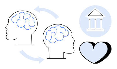 Education, cultural exchange, psychology, cognitive science, social topics, emotional intelligence. Two connected brains with arrows pointing between them, heart and building icons. Education