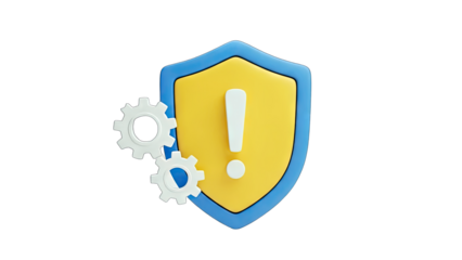3D Shield with Gears and Exclamation Mark - Security Concept