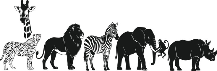 African animal silhouette vector, safari wildlife, nature icon, black illustration, biodiversity art, savanna species, conservation graphic, jungle creatures © MdJoshel