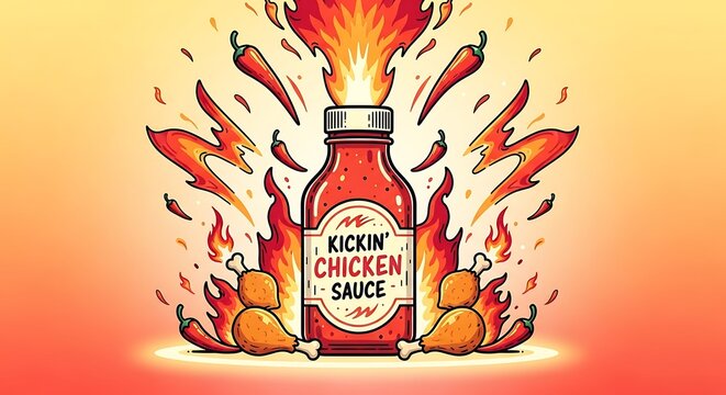 Kickin Chicken Sauce Illustration with Flames and Peppers.