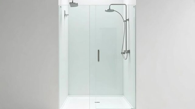 Modern frameless glass shower enclosure with dual chrome showerheads installed in a minimalist bright white bathroom setting