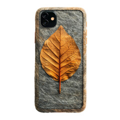 Smartphone on wool fabric with autumn leaf texture Isolated on a transparent background